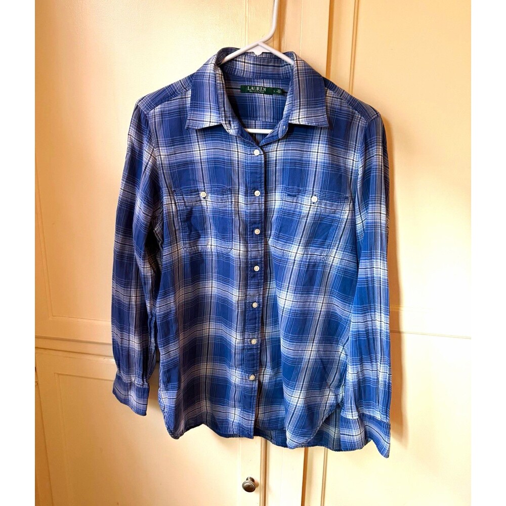 Lauren Ralph Lauren Women’s L Blue Plaid Cotton Button-Front Utility Shirt